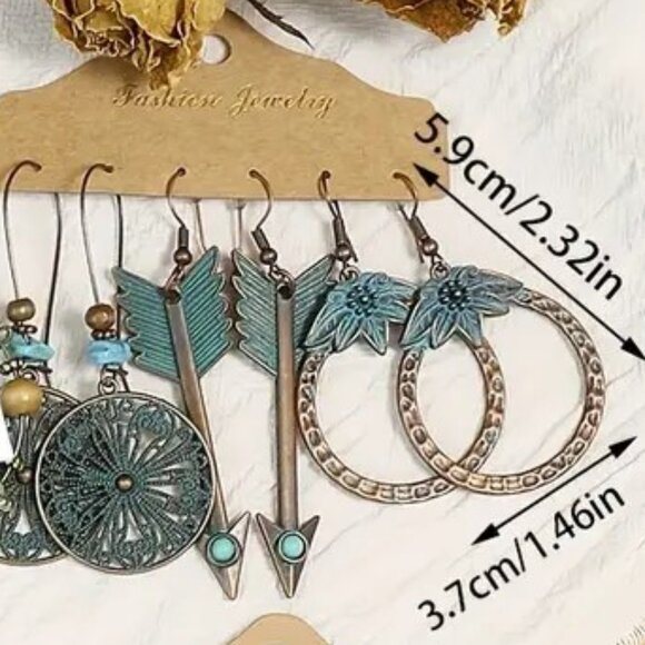 Earrings Turquoise Bronzed Dangle 3pr Gypsy Boho Arrow Native Southwest Stylish - Picture 2 of 2